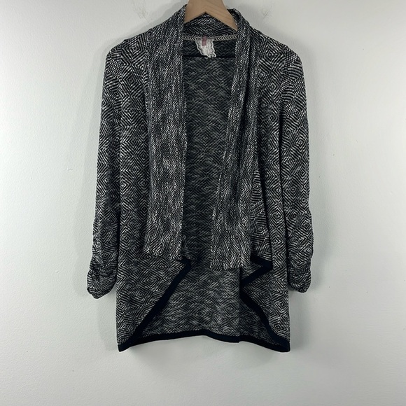 Mauve Black White Open Front Ruched Sleeve Cardigan Sweater Womens Size M - Picture 1 of 7